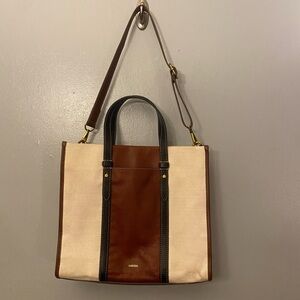 Fossil Kingston Tote Leather Canvas Cross-Body Detachable Strap Like New